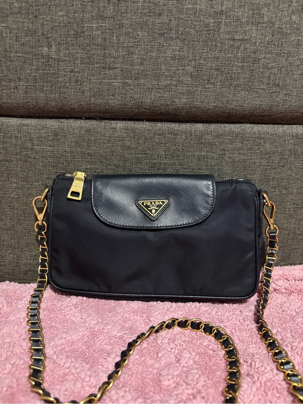 Prada Black Nylon Crossbody with Gold Chain Strap